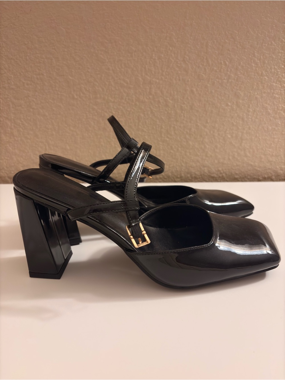 Black Patent Square-Toe Block Heel Mary Jane Slingback